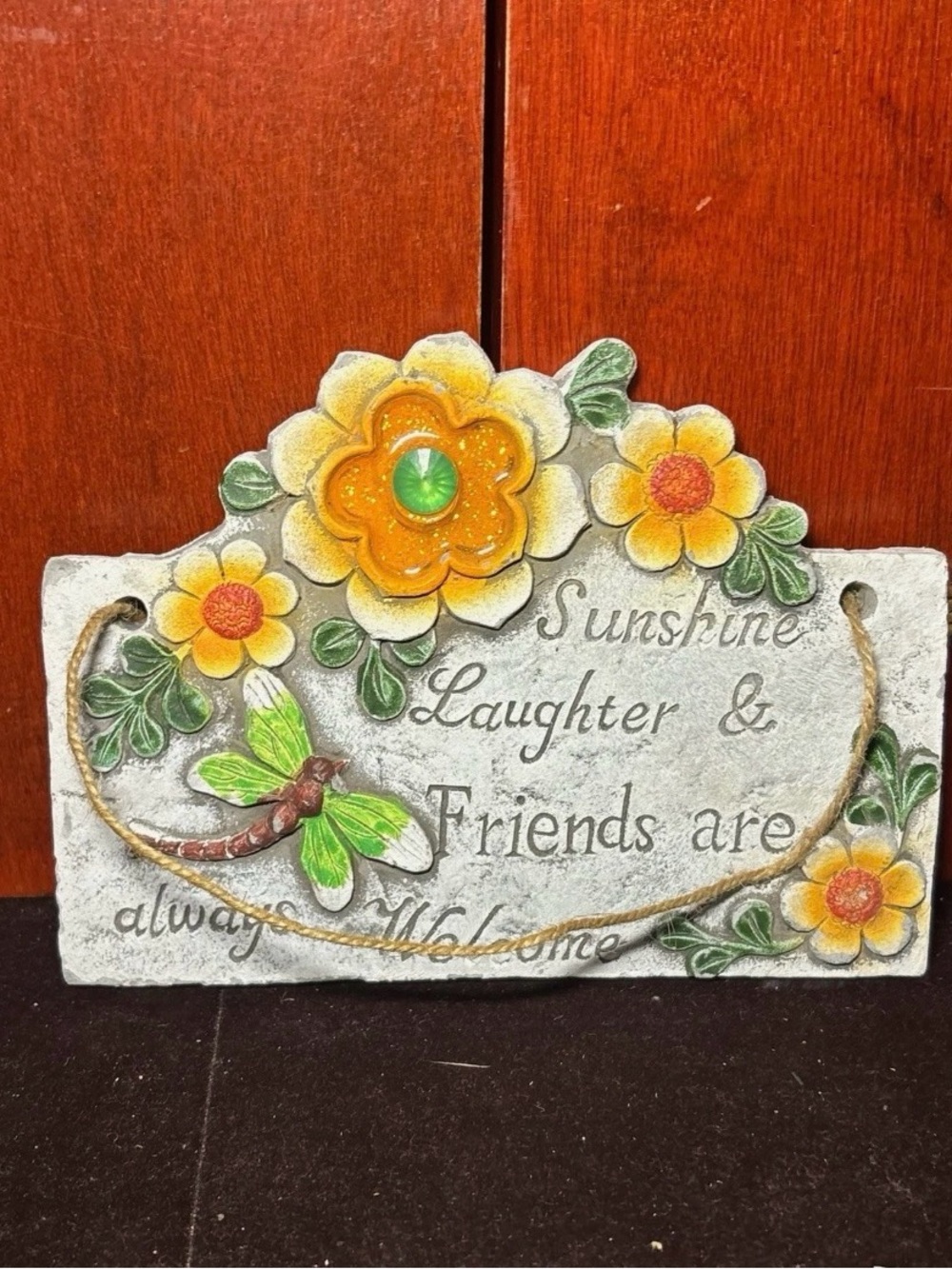Flower & Dragonfly Welcome Wall Plaque - Yellow Floral Accent